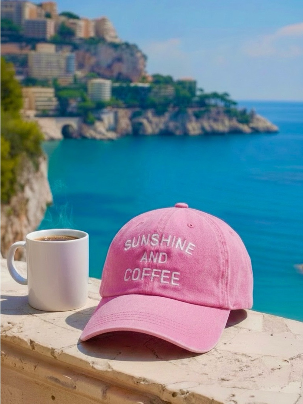 Pink 'Sunshine and Coffee' Embroidered Cap